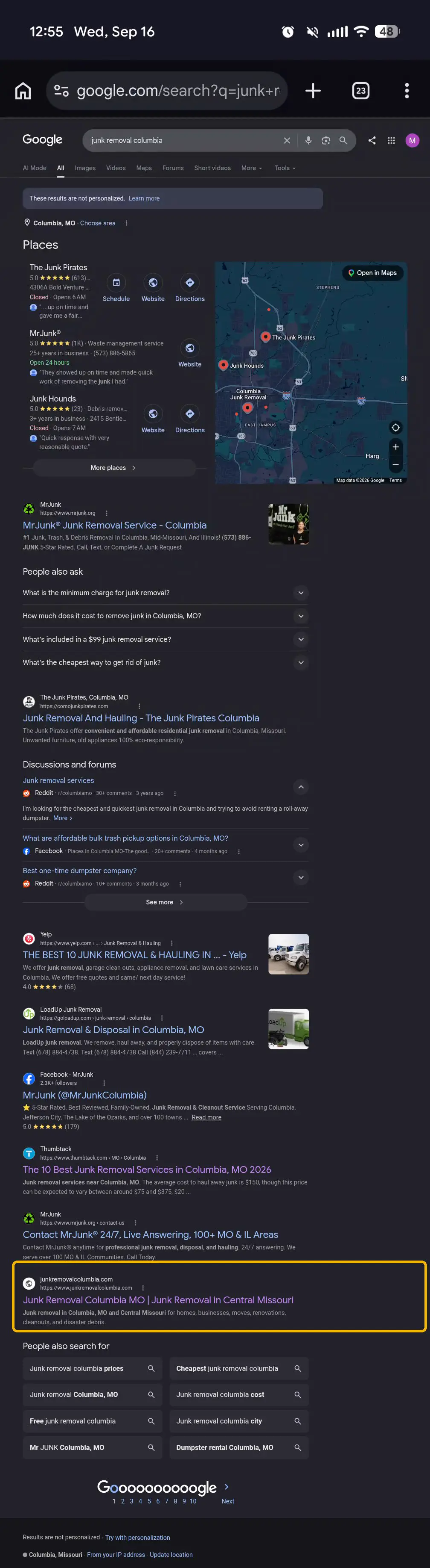 Full first page of Google results for junk removal columbia on September 16, 2026, with junkremovalcolumbia.com highlighted